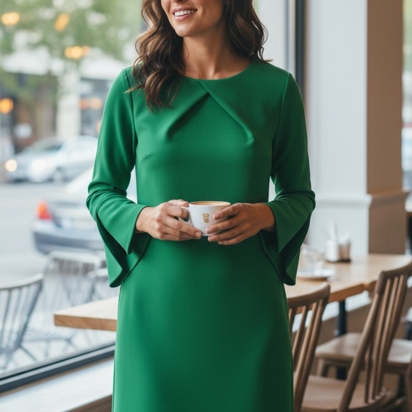 New York & Company Dresses & Skirts - NWT New York & Company Vibrant Green Long Bell Sleeve Dress (Size Small)